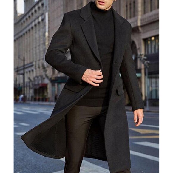 Men's Black Slim Fit Notched Collar Long Casual Trench Coat with Pocket - Picture 5 of 6
